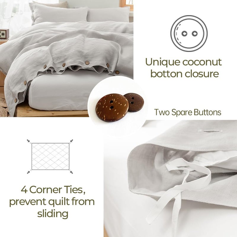 Simple&Opulence 100% Washed Linen Duvet Cover, 3 Pieces Natural Flax French Country Bedding Set, Breathable Farmhouse Comforter Cover with Coconut Button Closure(King,Grey) - Image 2